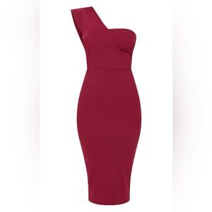 Burgundy one shoulder draped midi dress